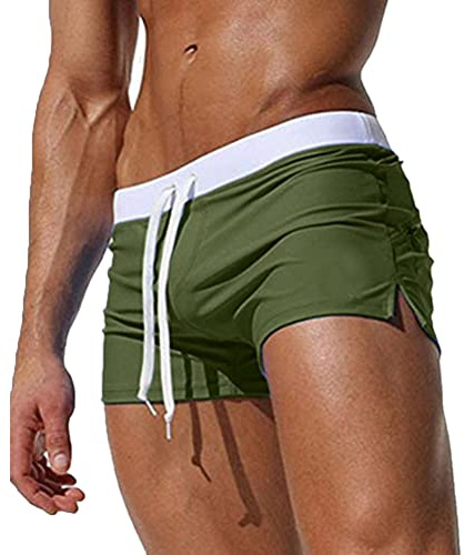 Oanviso Maillot de Bain Serrés pour Hommes avec Poche Zippe Boxer Trunks Shorts Shorts de Sports Nautiques avec Cordon de Serrage Classiques Couleur Unie Surf Shorts Swimpants A Vert Militaire L