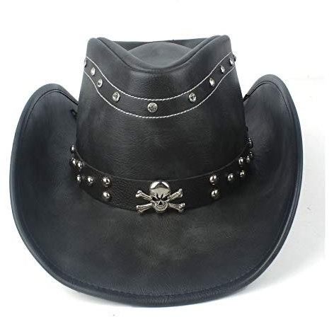 LIOONS 100% Leder Damen Herren Schwarz Western Cowboyhut mit aufrollbarer Krempe Punkgürtel Jazz Sombrero Cap Dad Hat