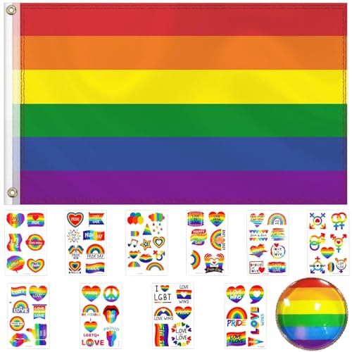 Bandera Orgullo LGBT 150x90 cm Bandera Arcoiris 75 Hojas Tattoo Pride Stickers Broche Bandera Gay Bisexual Flag con 2 Ojales Latón para Fiestas Desfiles Carnavales Festival Decoraciones Celebraciones