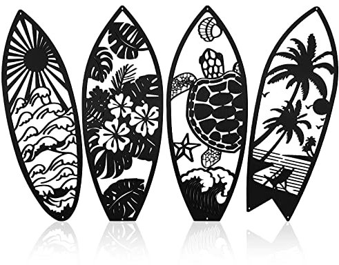 Therwen 4 Stück Metall Surfbrett Wanddekoration Sommer Tropisches Metall Surfbrett Strand Schilder Tropische Palme Kunst Schildkröte Dekoration Sommer Wanddekoration für Tür (Schwarz)