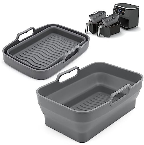 ddLUCK Silicone Air Fryer Dual Liners for Ninja AF300UK 7.6L, Reusable Double Airfryer Collapsible Tray Accessories,Square Air Fryer Liner Basket for Ninja/Tower/Instant Vortex/CHEFREE (2 Pcs,Grey)