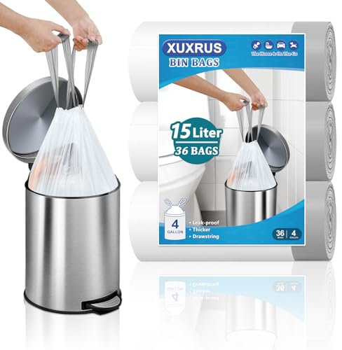 XUXRUS Small Bin Liners 15L Drawstring Bin Bags With Tie Handles Pedal Bin Trash Bags Wastebasket Liners for Bathroom Kitchen Office Bedroom White, 36 Counts