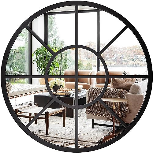 Warmiehomy Window Mirror 50cm Round Black Garden Mirror with Metal Frame for Courtyard,Living Room,Hallway Decoration