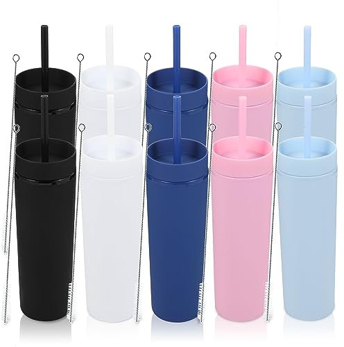 Volhoply 480ml Mug en plastique avec couvercle et paille Bulk 4 Pack, Isolé Double Paroi Bpa Free Matte Acrylique Gobelets, Café glacé Voyage Gobelets Party Cup,Diy(Mélange,10 Set)