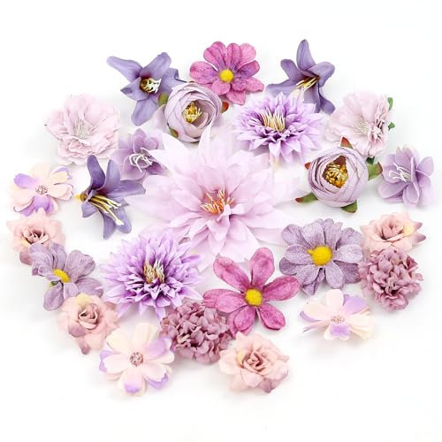 LARDUX 24 PCS Artificial Flower Heads-Craft Fake flower Decoration Mini Silk Purple Flower Heads Bulk Mix for DIY Wedding Party Hair Accessory Scrapbooking Home Decor