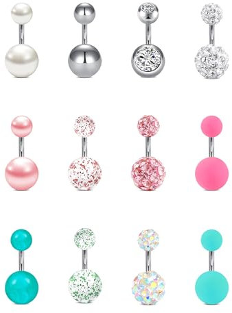 FECTAS 12pcs Kurzes Bauchnabelpiercing 6mm Chirurgenstahl 14G Bauchpiercing Piercing Bauchnabel Silber Rosa Grün
