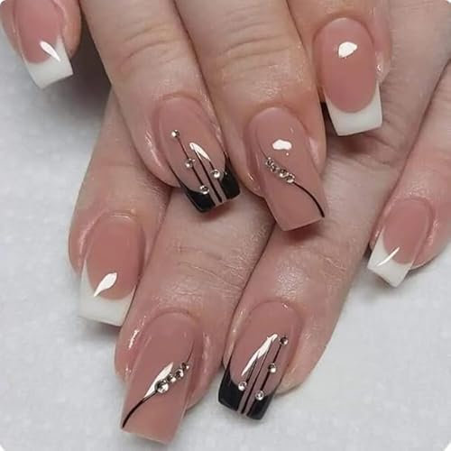 A N K Coffin Ballerina Tapered Press on Rainbow False Nails, Glossy Metallic Acrylic Nail False Tips Artificial Finger Manicure for Women (24 pcs square french black tip nails)