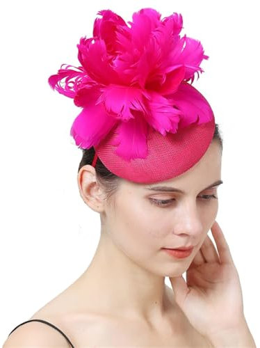 Generic Cappello fascinator con piuma con fermaglio per capelli, elegante, per banchetto, cerimonia nuziale, derby, tea party, copricapo per donne, rosa rossa