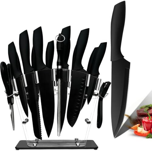 BFYLIN Messerblock Messer set, 16 Teiliges Küchenmesser set, Messer block set mit Antihaftbeschichtung,Santokumesser Kochmesser Brotmesser Schälmesser Steakmesser Anspitzer Mit Acryl Messerhalter