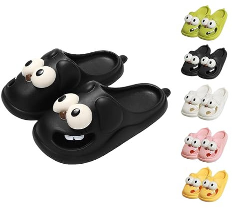 Georcep Tongue Kiss Slippers, Big Eye Dog Slipper - Women's Cartoon Dog Slippers, Cute Funny 3D Big Eye Dog Fun Cartoon Package Head Eva Slippers (B-Black,40/41)