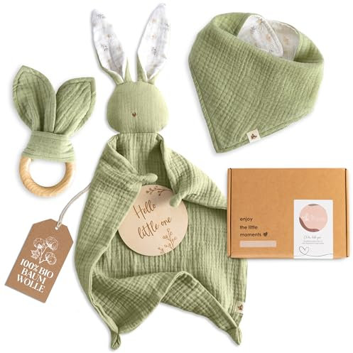 Mikito Baby Geschenk Junge & Mädchen | Neugeborenen Geschenk Set: Musselin Schnuffeltuch Baby + Beißring + Lätzchen + Holzschild | Newborn Baby Set als Geschenk zur Geburt