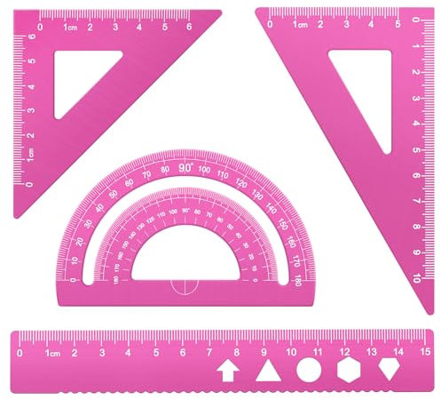MSDADA 4 Stück Aluminiumlegierung Lineal Set Winkelmesser Dreieck Mathematik Geometrie Set Werkzeug Skala Lineal Set für Schüler Lehrer Ingenieure und Zeichner(Rosa)