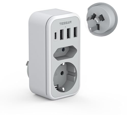TESSAN Adattatore Australia Italia, 6 in 1 Adattatore Presa Australiana con 1 USB C e 3 USB A, 2500W, per Argentina Cina, Presa Tipo I