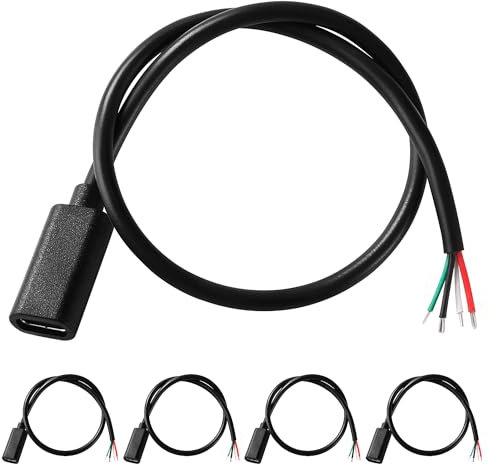 KUOQIY 5 PCS 30cm 22AWG USB Type C Female Plug Pigtail Power Cable, 5V 3A USB C to 4 Pin Bare Wire Open End Wire, USB Type C Pigtail Cable Extension Power Cable, for DIY LED Strips