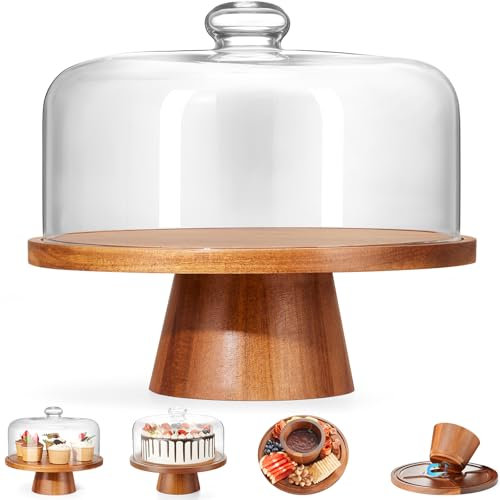 VIVIRBIEN Wooden Cake Stand with Lid, Acacia Cake Stand with Glass Dome, 11-Inch Versatile Dessert Stand with Strong Magnetic Pedestal, Cake Holder for Birthday/Kitchen/Party/Charcuterie