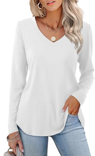 Amoretu V Neck T Shirts for Women UK Ladies Long Sleeve Plain Long Tops to Wear with Leggings White Size 20 22