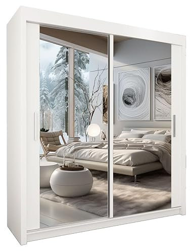 Style Heaven Modern Sliding Door Wardrobe for Bedroom,Matt Finish,2 Mirrored Sliding Doors wardrobes 6 Adjustable Shelves &2 Hanging Rail, made of MDF Chipboard,aluminium Handles Chicago(150cm White)