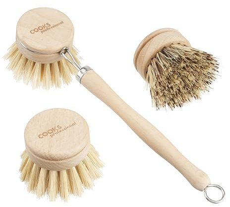 Cooks Professional Eco-Friendly Bamboo Dish Brush | Long Wooden Handle with 3 Heads & Natural Fibre Bristles | Plastic-Free | Kitchen Cleaning Tool for Washing Dishes & Scrubbing Pots & Pans