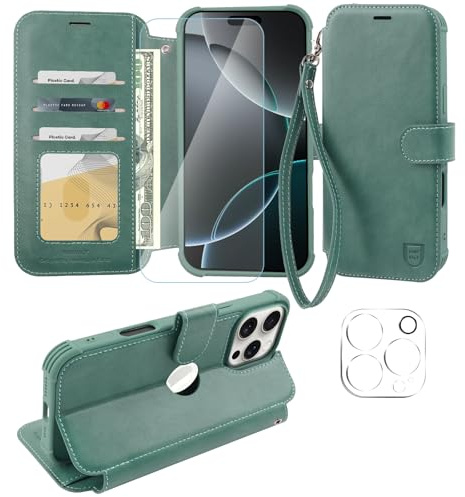 VANAVAGY Wallet Case for iPhone 16 Pro Max-6.9 Inch,Forest Green | PU Leather Flip Folio,Slim,12ft Drop Protection,RFID Blocking Card Holder,Kickstand,Wrist Strap,Includes Screen Protector