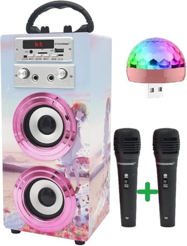 DYNASONIC Karaoke Machine with 2 Microphones, Portable Bluetooth Speaker with Lights, USB and SD Reader, Gift for Children Ages 5-13 (Model 17 lights)