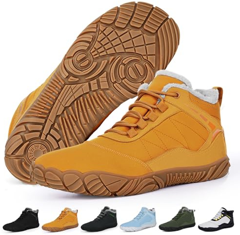 RUYI Zapatos descalzos de invierno con forro cálido, zapatos de invierno descalzos para mujer y hombre, impermeables, con suela antideslizante y puntera ancha, W09 Amarillo, 42 EU