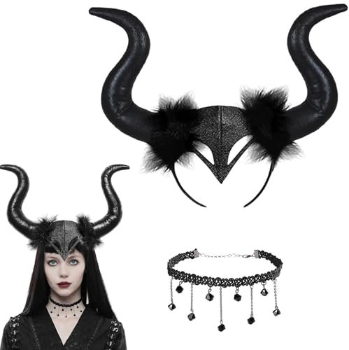 Bogoro 2pcs Halloween Böse Haarreif Schwarz,Teufelshörner Schwarz Cosplay,Horn Kopfbedeckung mit Gothic,Böse Kopfbedeckung,Kostüm Damen Königin Hörner für Halloween, Cosplay, Mädchen, Karneval