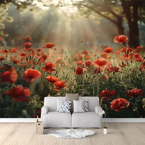 Papier peint intissé Motif Floral De Coquelicot Vert Décoration Murale Poster Tableaux Muraux Tapisserie Photo Effet 3D 200x140 cm