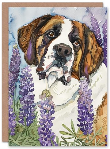 Artery8 St Bernard Dog Lover Lupine Flowers Watercolour Blank For Him Or Her Art Birthday Card