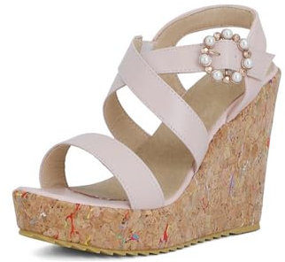 GZHMMAN Scarpe con Zeppa e Plateau da Donna Show Slingback Cinturino Incrociato a Linea Singola Cinturino con Fibbia Rotonda con Perle e Strass Altezza Tacco in Sughero 12 Cm,Pink,42