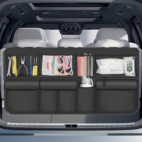 Romon Organizador de Maletero - Organizador de Maletero con Adhesivo de Doble Cara para Arañazos, Plegable, Impermeable, Resistente a la Suciedad con 9 bolsillos, 105x51 Cm, para SUV, Negro