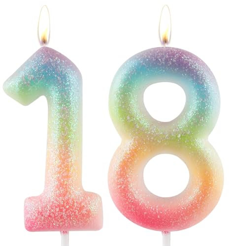 Zolunu Glitter Colorful 18th Birthday Candle, Birthday Number 18 Candle Cake Toppers for Girl Women, Glitter Colorful Themed Party Decorations Supplies Birthday Gifts