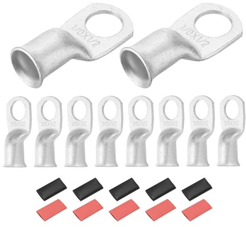 DMiotech 10 Pcs 1/0 AWG - 1/2 Tinned Copper Cable Lugs, Battery Cable Ends, Heavy Duty Copper Wire Lugs with 10pcs Heat Shrink Tubing for Electrical Projects, Silver