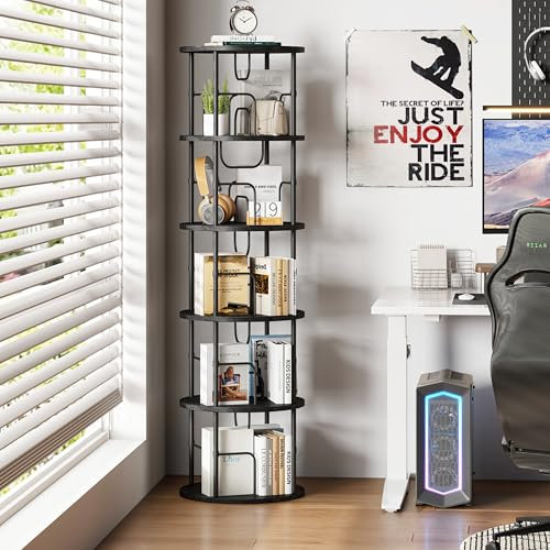 Flycity Estantería de madera giratoria de 360°, con 5 niveles ajustables, 45 x 45 x 160 cm, color negro, ideal para libros y decoración