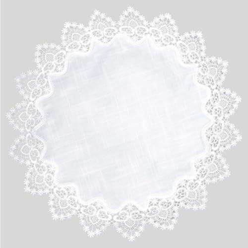 URROMA Runde Polyesterdecke, 83,8 x 83,8 cm, weiße Tischplatte mit Spitzeneinsatz, Sofa Tischplatte, Tischdekoration, Tischplatte für Esszimmer, Küche (85 x 85 cm)
