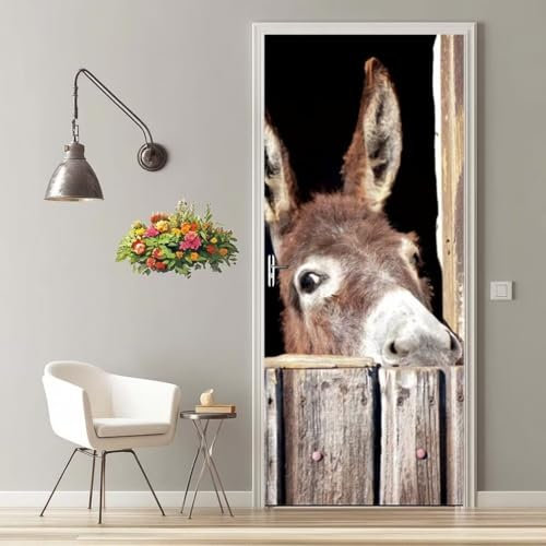Türfolie Selbstklebend 3D Türaufkleber Tier Esel Türtapete Selbstklebend Türposter 90X200 cm Türverkleidung Türtattoo Poster Tapete Abnehmbar Fototapete für Wohnzimmer Schlafzimmer Küche Bad -MT1136