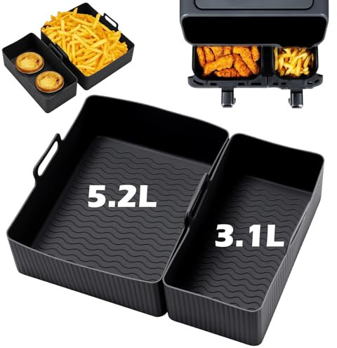 Putentfun Reusable Air Fryer Liners for Tefal Easy Fry 5.2L/3.1L,Tower T17099, Lakeland 5L/3L, Salter EK5729,Dual Air Fryer Accessories,Air Fryer Silicone Liners for Dual Drawer - 2pcs Black