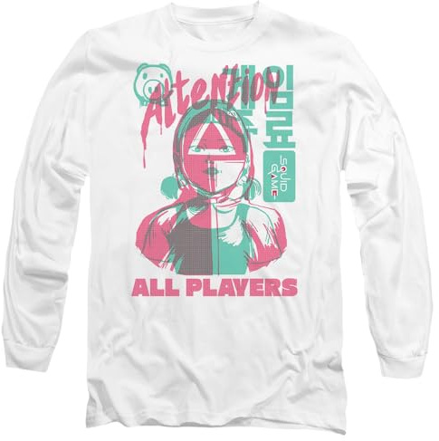 Squid Game Attention All Players Unisex Long Sleeve T Shirt, White, X-Large