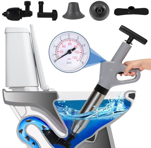 Pulitore per tubi ad aria compressa, pulitore per scarico pompa con compressione dell'aria e indicatore della pressione dell'aria, pulitore per tubi ad aria compressa con 4 testine intercambiabili per