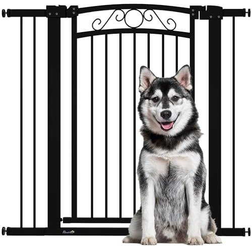 PawHut Barrera para Perros Puerta para Perros 76-104 cm Barrera de Seguridad para Mascotas con 2 Extensiones 7/14 cm Fácil Montaje Cierre Automático Doble Bloqueo para Escaleras y Puertas Negro