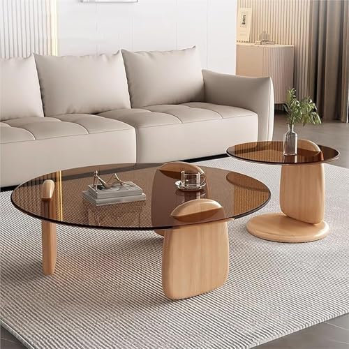 CVQJL Satztisch-Set, 2 Stück, Runder Couchtisch aus Glas mit schwarzem Beistelltisch, Mitteltisch für Wohnzimmer, Büro, Balkon, Stabiles Stapelbares Akzentmöbel aus Holz, Einfache Montage