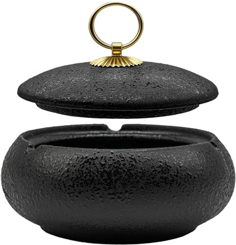 Panngu Aschenbecher mit Deckel für Draußen, Schwarz Retro Keramik Windaschenbecher für den Innen oder draussen, Einfachheit Zigarettenaschenbecher die Terrasse, den Balkon im Freien, Home Office