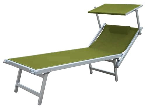 TEMPO STYLE - Lit de plage professionnel en aluminium L-Méditerranée | Pliable avec pare-soleil et textilène, idéal pour la plage, la piscine et le jardin (Telaio blanc textilene vert pastel)