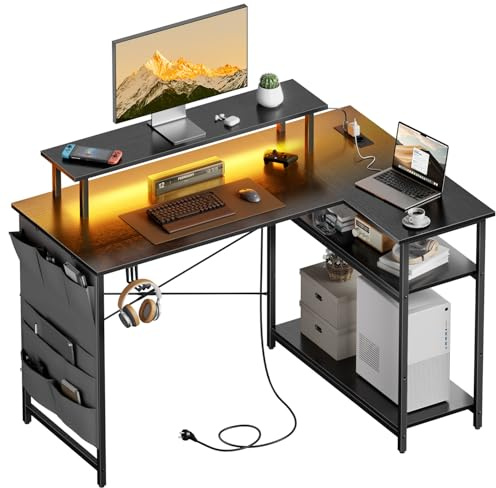 HLONONE L-förmiger Schreibtisch mit LED und Steckdosen, 110 x 80 cm, Eckschreibtisch mit Regal, Computertisch mit Monitorständer und Aufbewahrungstasche, Gaming Tisch L Form für Heimbüro, Schwarz