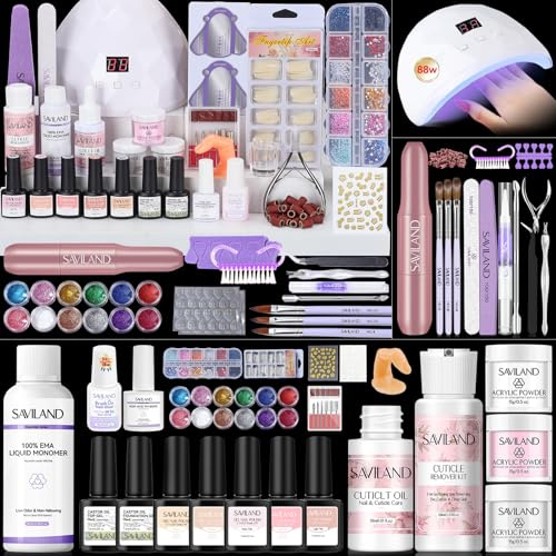 SAVILAND Acryl Nagel Set für Anfänger: Ultimatives All-in-1 Nagel Set Acryl Set mit Keratin Acrylpulver EMA Monomer Nagelbohrer U V Licht Komplettes Werkzeug für Acrylnägel Starter Geschenk