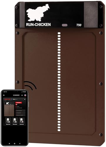 Run‑Chicken Door T50 Porte automatique marron pour poulaillers, fonctionne avec piles AA, contrôle par application, capteur de lumière, minuterie avec retard et aluminium résistant pour l'extérieur