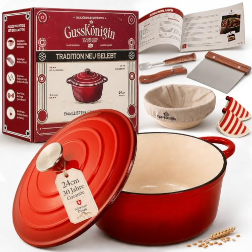 GUSSKÖNIGIN Cocotte Pain au Four Fonte Émaillée 24 cm – Dutch Oven pour Pain Maison, Cocotte Fonte Induction Tous Feux dont Four, Cuisson Homogène, Accessoires Premium Inclus, Garantie 30 Ans