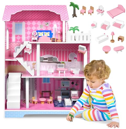 Eldzenith Puppenhaus, 100x36x70 cm, Puppenhaus Holz, Dollhouse Mädchen, Spielset mit 3 Etagen, Möbeln, Treppe, Zubehör, Terrasse, Puppenhaus Spielzeug für Kinder ab 3 Jahre, Geschenk für Mädchen