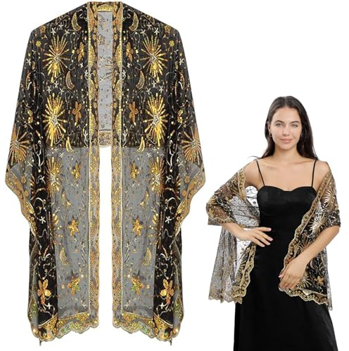 Yeria Cape Stola Damen mit Sternen und Mond Festlicher Umhang Bolero für Abendkleider, Hochzeiten,Weihnachtsfeiern,Indischer Stil, Pailletten Design