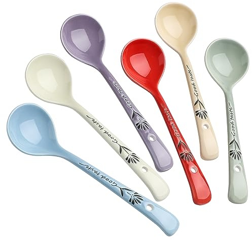 Lot de 6 cuillères en céramique à long manche - Ustensiles multicolores pour café, dessert, crème glacée, céréales et yaourt