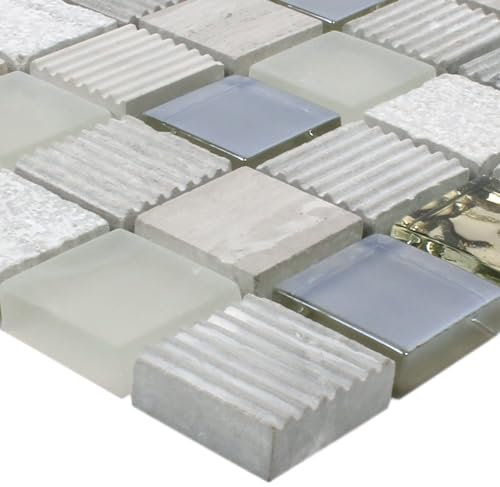Glas Naturstein Mosaik Fliesen Venzona Hellgrau Gold 23 Badezimmer Küche Wand WC